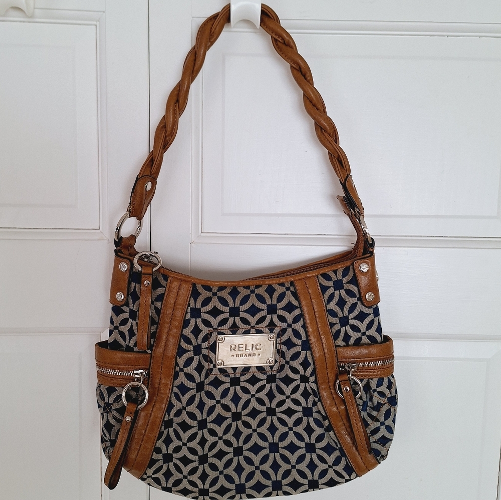 Relic Navy & Tan Geometric Braided-Handle Shoulder Bag